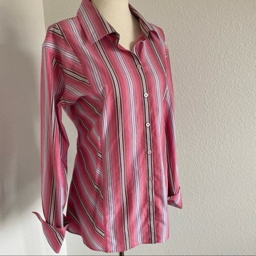 Liz Claiborne No Iron Purple Pink Stripe Button Front Long Sleeve Top SZ 14